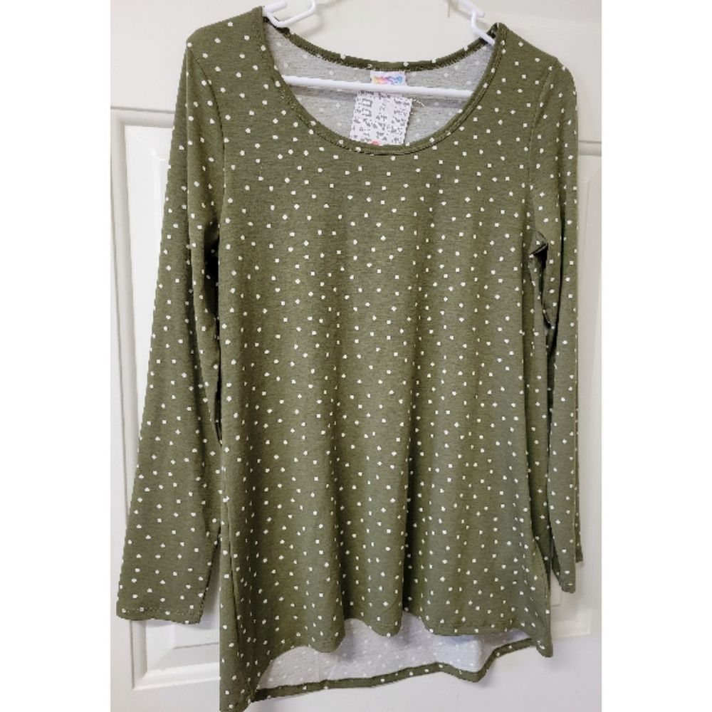 Lularoe Lynnae Long Sleeve Tunic Top hi low Green White Polka Dot SZ SMALL S NEW